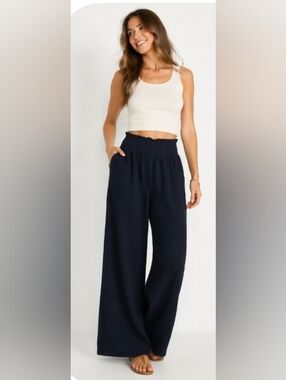 NWT. Industry Muslim Wide-Leg Women's Pants in Navy. 100% Cotton. Size S.